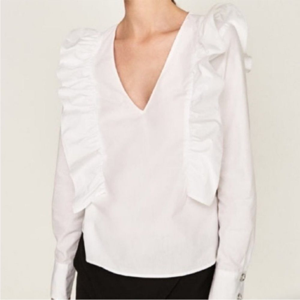 Zara White V-Neck Ruffle Long-Sleeve Blouse
